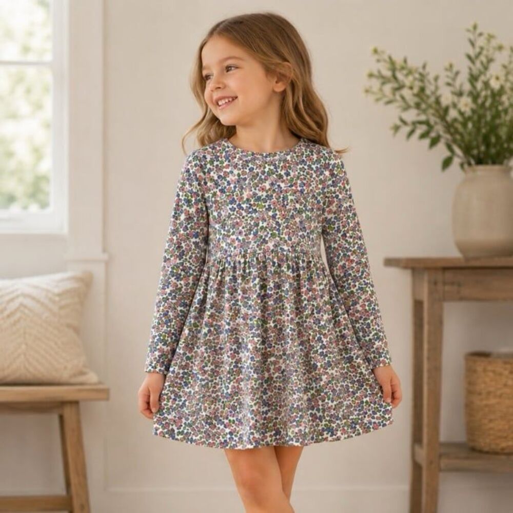Mini Boden Girls 4-5Y Floral Long Sleeve Jersey Dress Multicolor